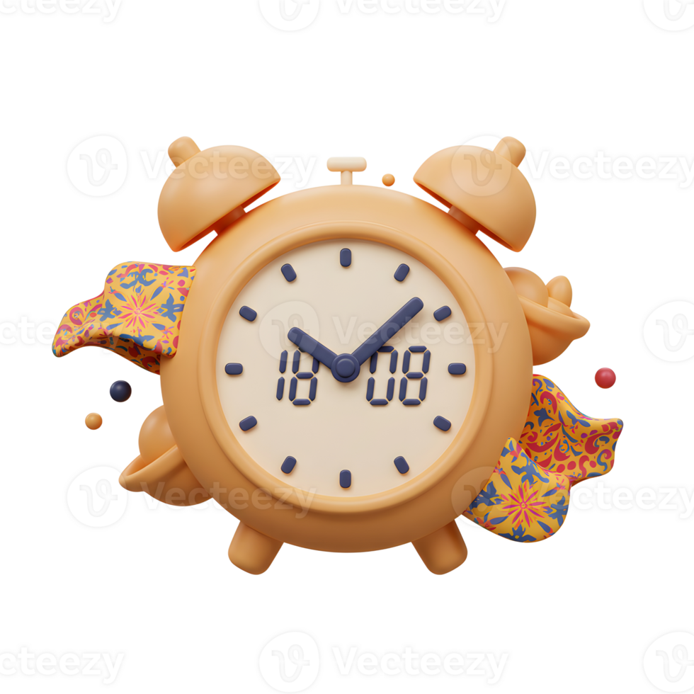 A cheerful, pastel colored alarm clock is playfully adorned with swirling floral patterns and small, colorful spheres. It evokes a lighthearted and happy mood. png