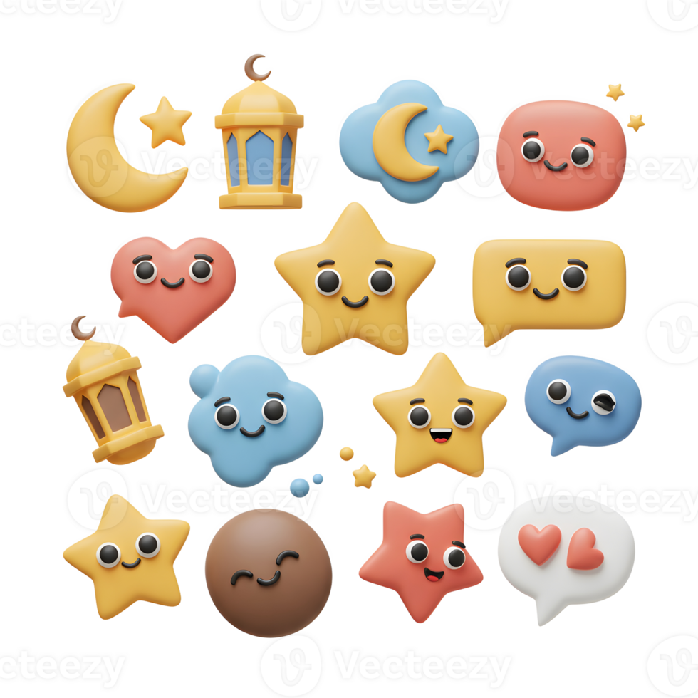 Delightful 3D cartoon icons celebrate a festive mood Stars, moons, lanterns, and speech bubbles with cute faces create a joyful, whimsical scene. png