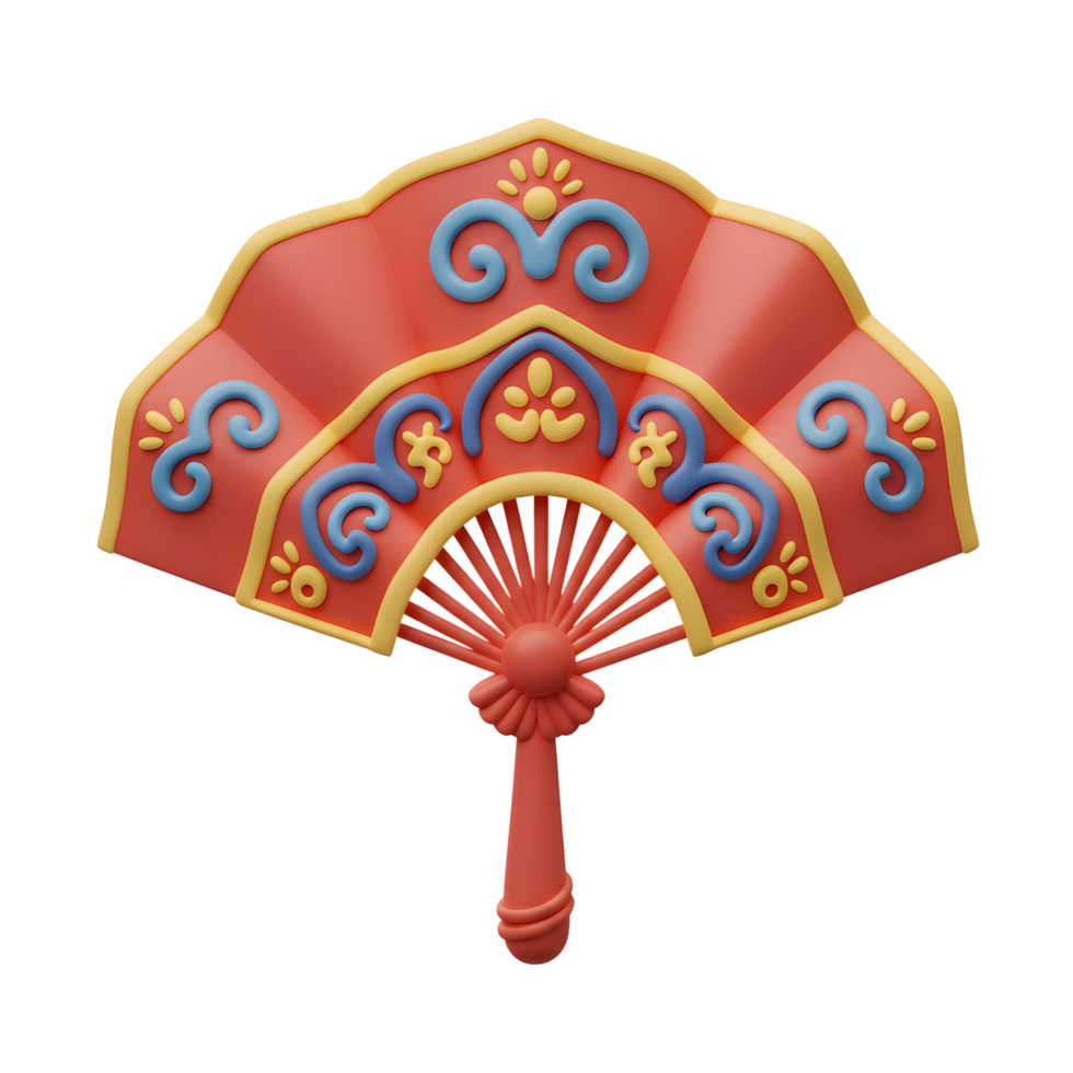 A charming hand fan, coral red with yellow and blue swirling patterns, sits against a white background. Its playful design evokes a cheerful and festive mood. png