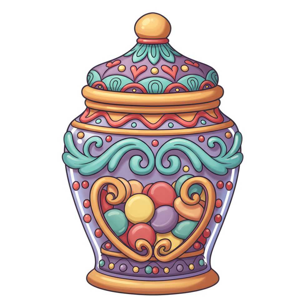 A charming glass jar, adorned with intricate swirling patterns and filled with colorful candies, evokes a joyful and sweet atmosphere. The vibrant hues and detailed design create a delightful visual. png