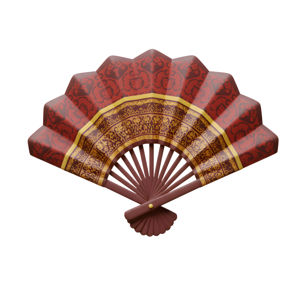 A stunning hand fan unfolds, showcasing intricate red and gold patterns. Rich colors and elegant details create a luxurious and sophisticated feel. png