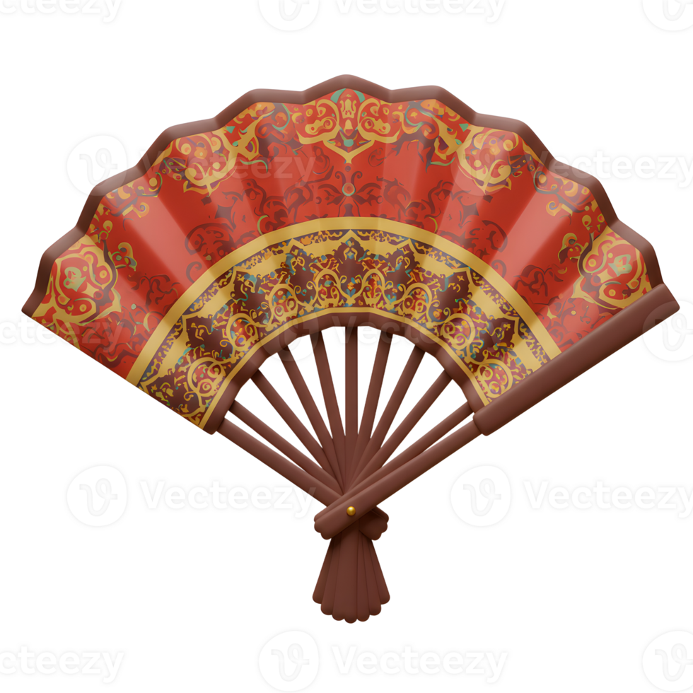 An elegant hand fan unfolds, showcasing a vibrant red and gold patterned design. Intricate details and a rich, warm color palette create a luxurious feel. png