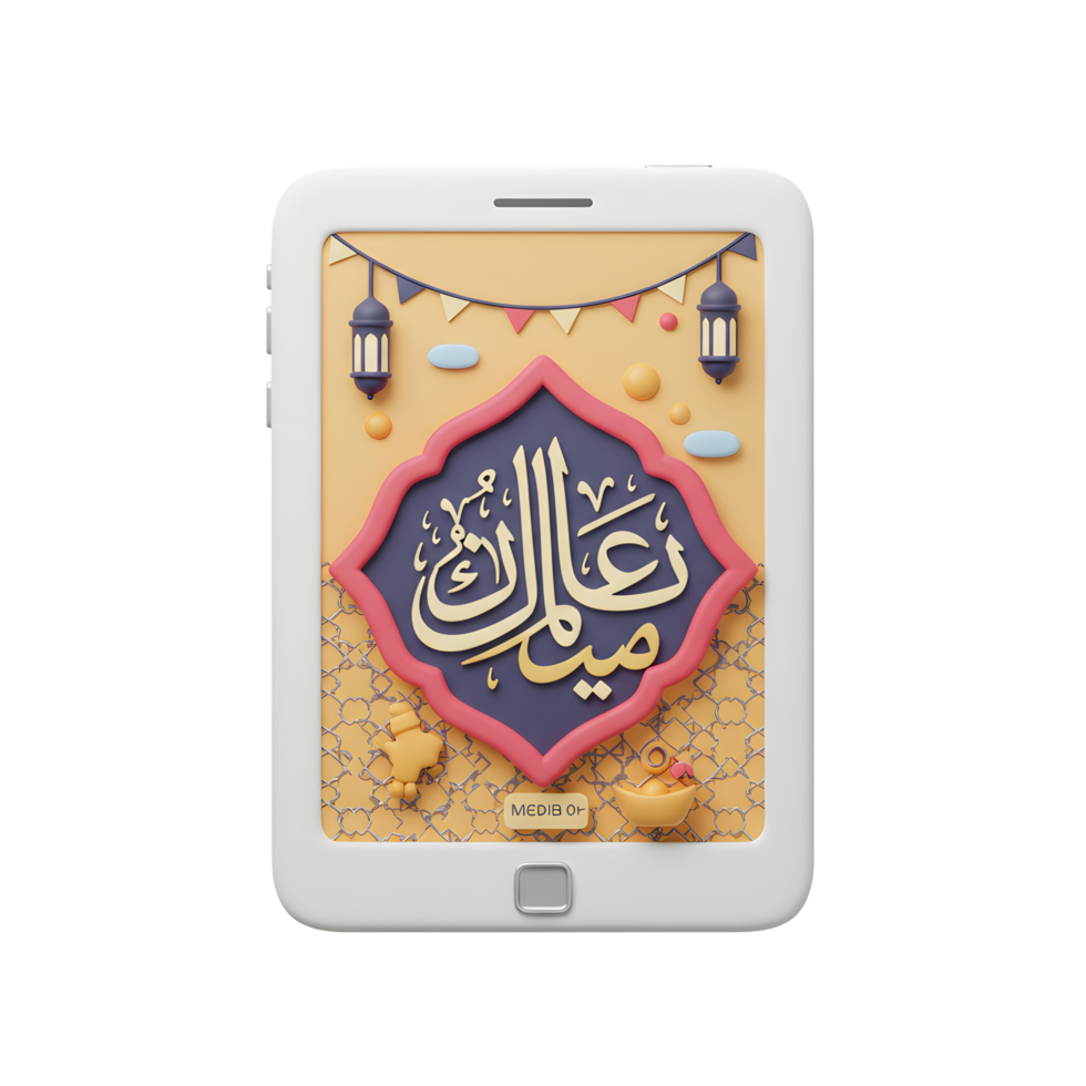 Celebrate Eid with this cheerful tablet design Vibrant 3D calligraphy, lanterns, and festive patterns create a joyful mood. Perfect for greetings png