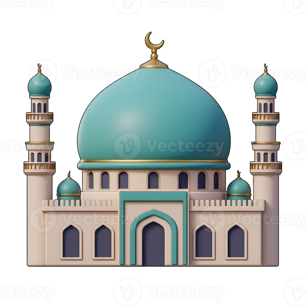 A serene teal dome tops this charming 3D mosque, its beige walls and slender minarets creating a peaceful, inviting atmosphere. Detailed arches and gold accents add elegance. png