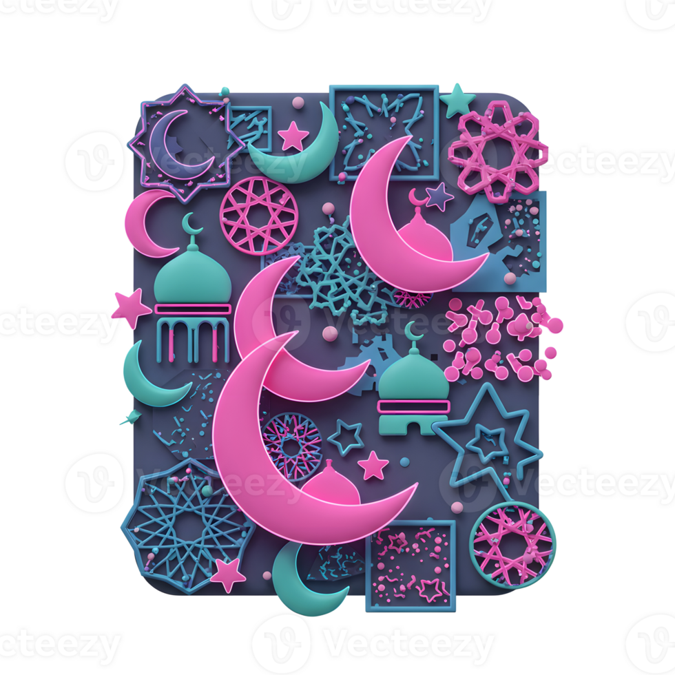 A vibrant celebration of Islamic artistry Pink and teal moons, stars, and intricate geometric designs dance on a dark background, creating a joyful and festive mood. png