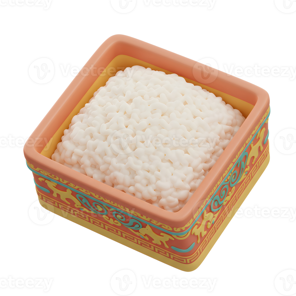 A delightful bowl of fluffy white rice sits within a charming, peach-colored container adorned with intricate Asian-inspired designs. The scene evokes a sense of warmth and simple elegance. png