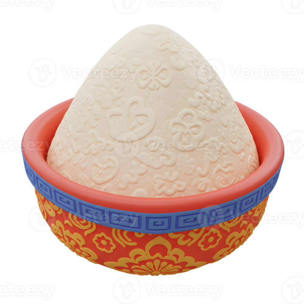 A creamy rice mound, delicately embossed with patterns, sits nestled in a vibrant, ornate bowl. The scene evokes a playful, almost magical mood. png