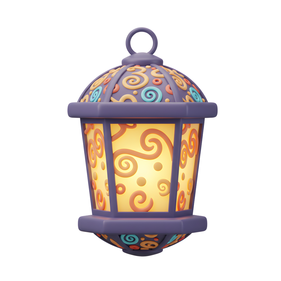 A charming, illuminated lantern glows softly, its purple body adorned with playful swirls and dots. Warm light spills through, creating a cozy, festive mood. png
