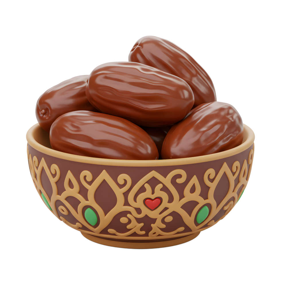 A richly decorated bowl overflows with glistening dates, their warm brown tones creating a comforting and inviting still life. The detailed bowl adds a touch of elegance. png