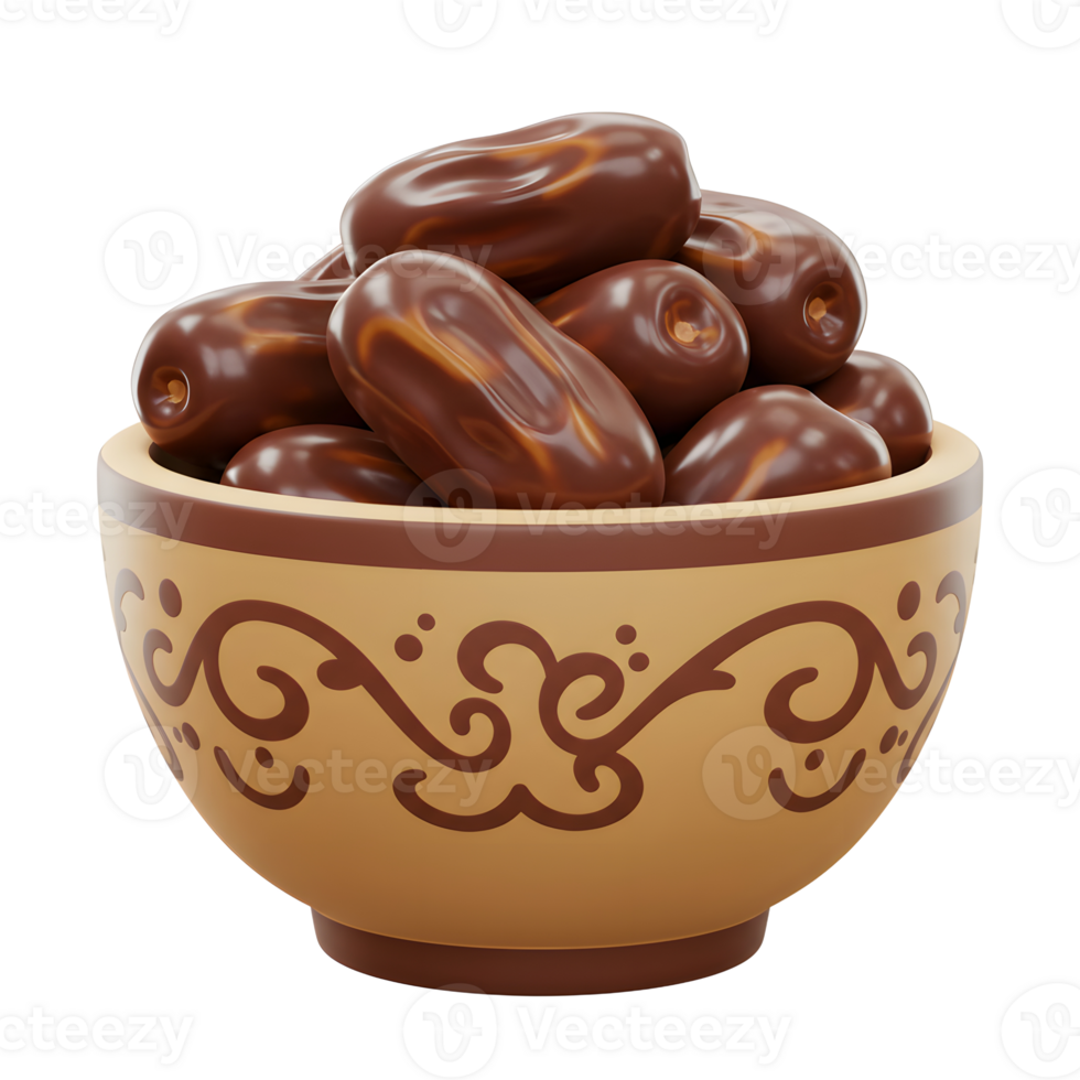 A rustic, patterned bowl overflows with glistening dates, their rich brown hue bathed in soft light. A simple yet elegant still life. png