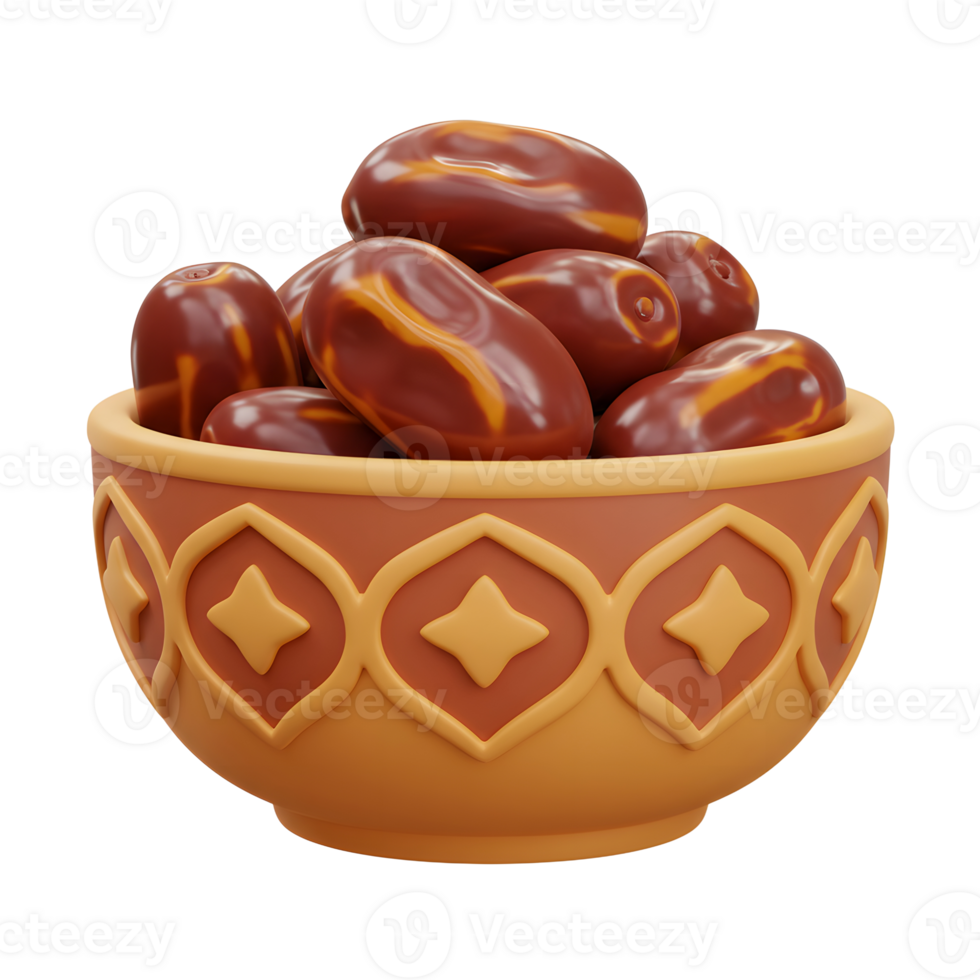A charming bowl, adorned with geometric patterns, overflows with plump, glistening dates. Warm, inviting, and subtly sweet. png