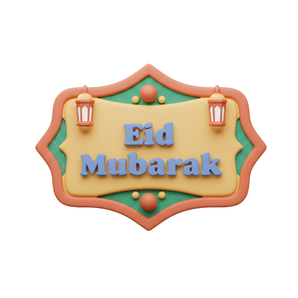 A cheerful Eid Mubarak sign, rendered in charming pastel colors. Intricate details and lanterns add to the festive mood. png