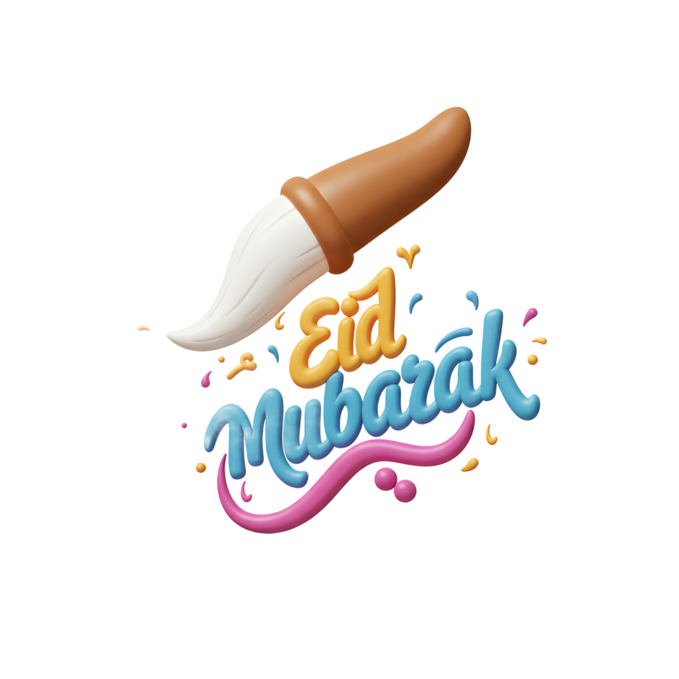 A cheerful Eid Mubarak greeting Colorful 3D lettering dances with a playful paintbrush, creating a festive and joyful mood. png