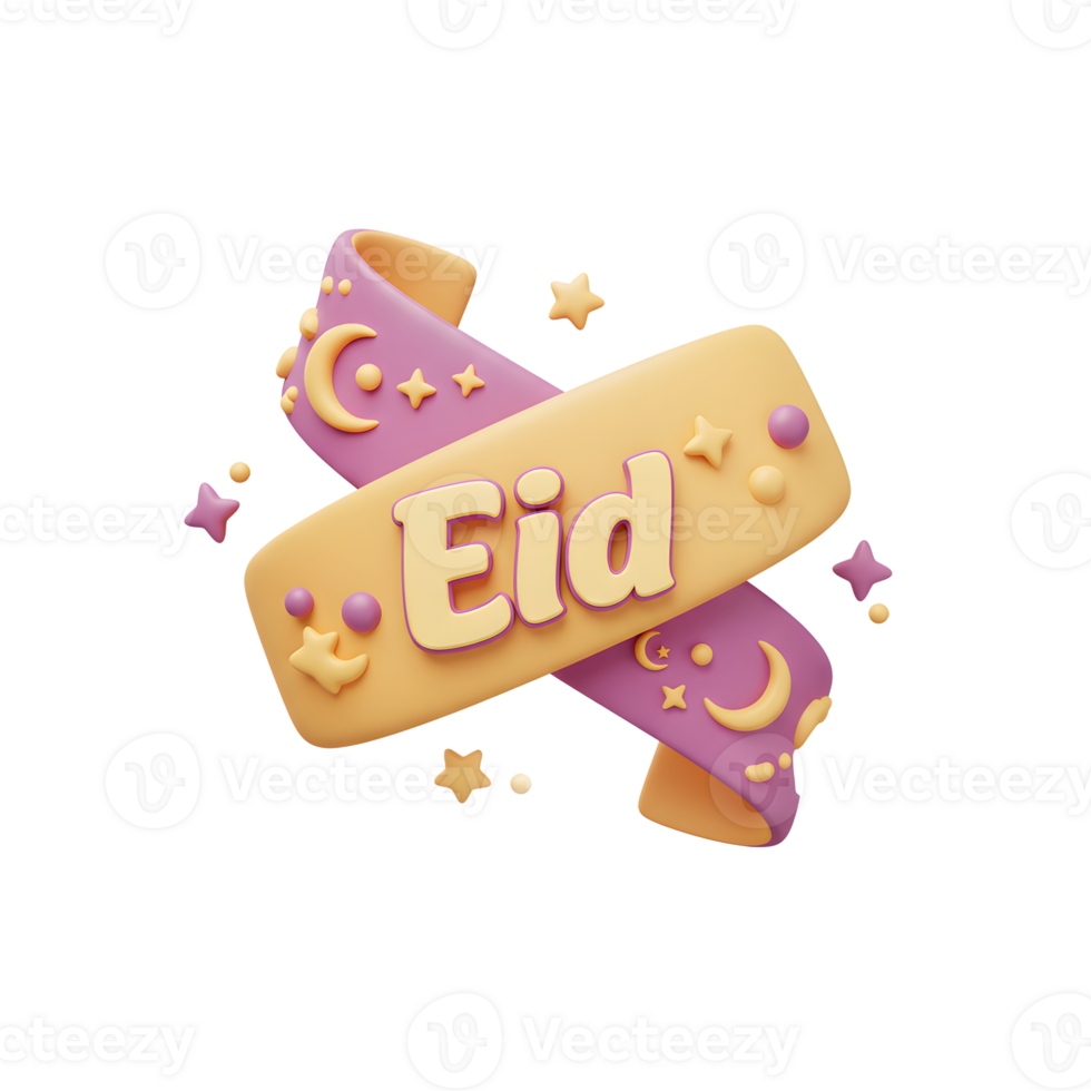 Celebrate Eid with this charming 3D design Pastel-colored ribbons swirl, adorned with stars, moons, and the warm greeting 'Eid'. A festive and joyful mood png