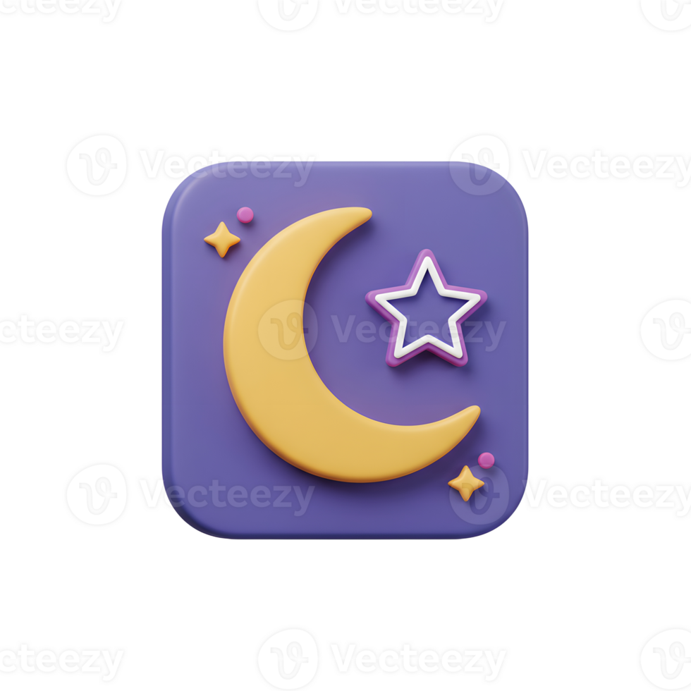 A whimsical 3D icon featuring a crescent moon and star on a purple background. Soft colors and a gentle glow create a peaceful, dreamy mood. png