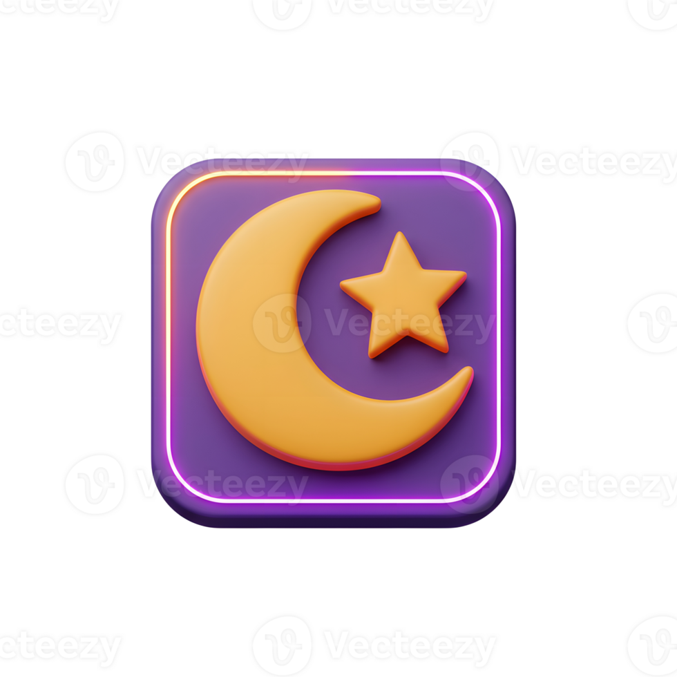 A captivating 3D icon showcases a glowing crescent moon and star, set against a rich purple backdrop within a neon frame. Nighttime charm png