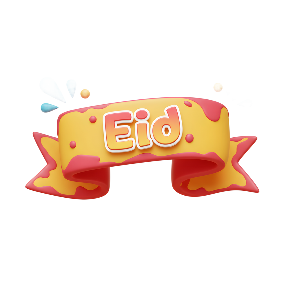 A cheerful, cartoon-style banner announces Eid Bright yellow and red ribbon, playful splashes, and a fun font create a festive mood. png