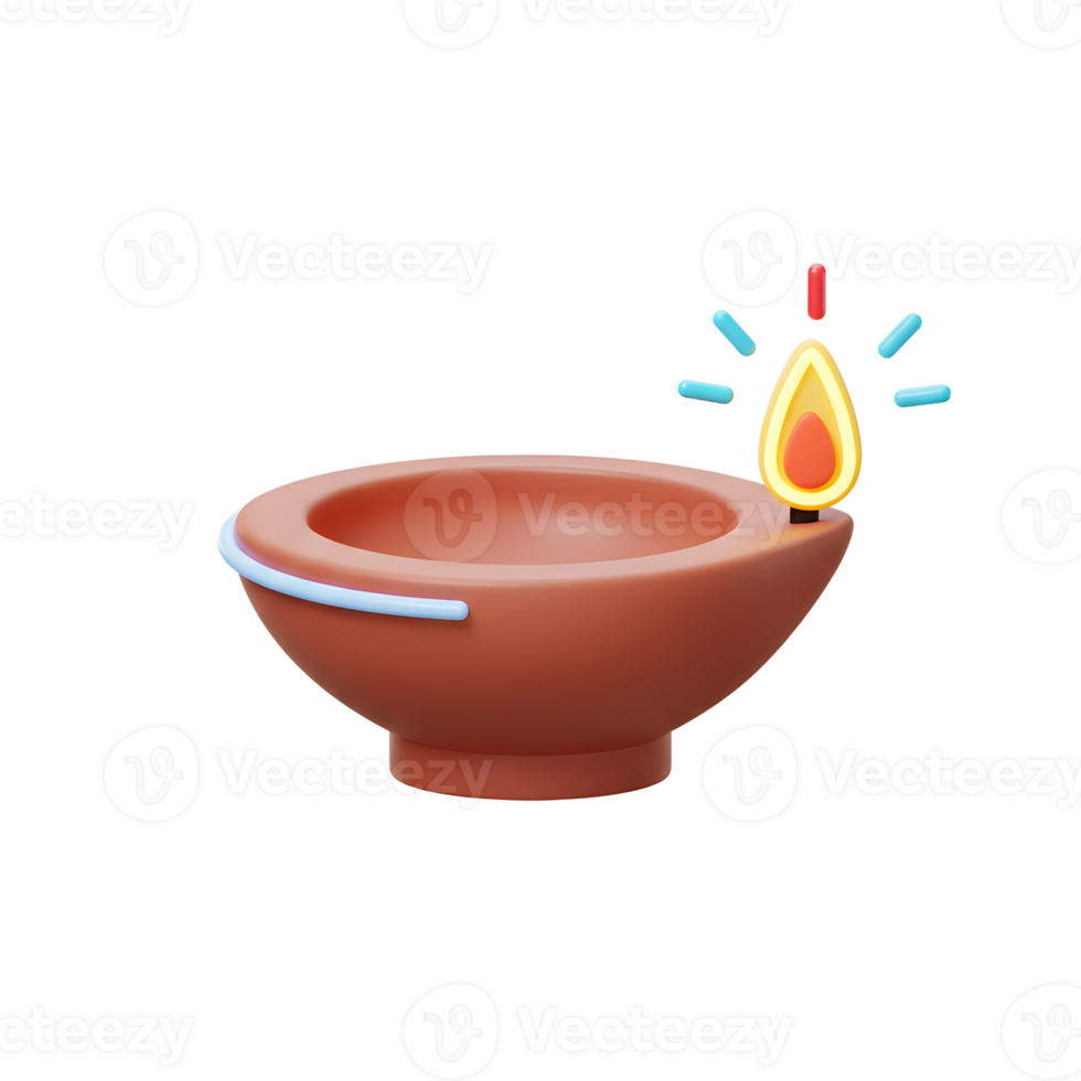 A terracotta diya, a traditional oil lamp, glows with a vibrant flame, creating a warm and inviting mood. Its simple, 3D design evokes a sense of peace. png