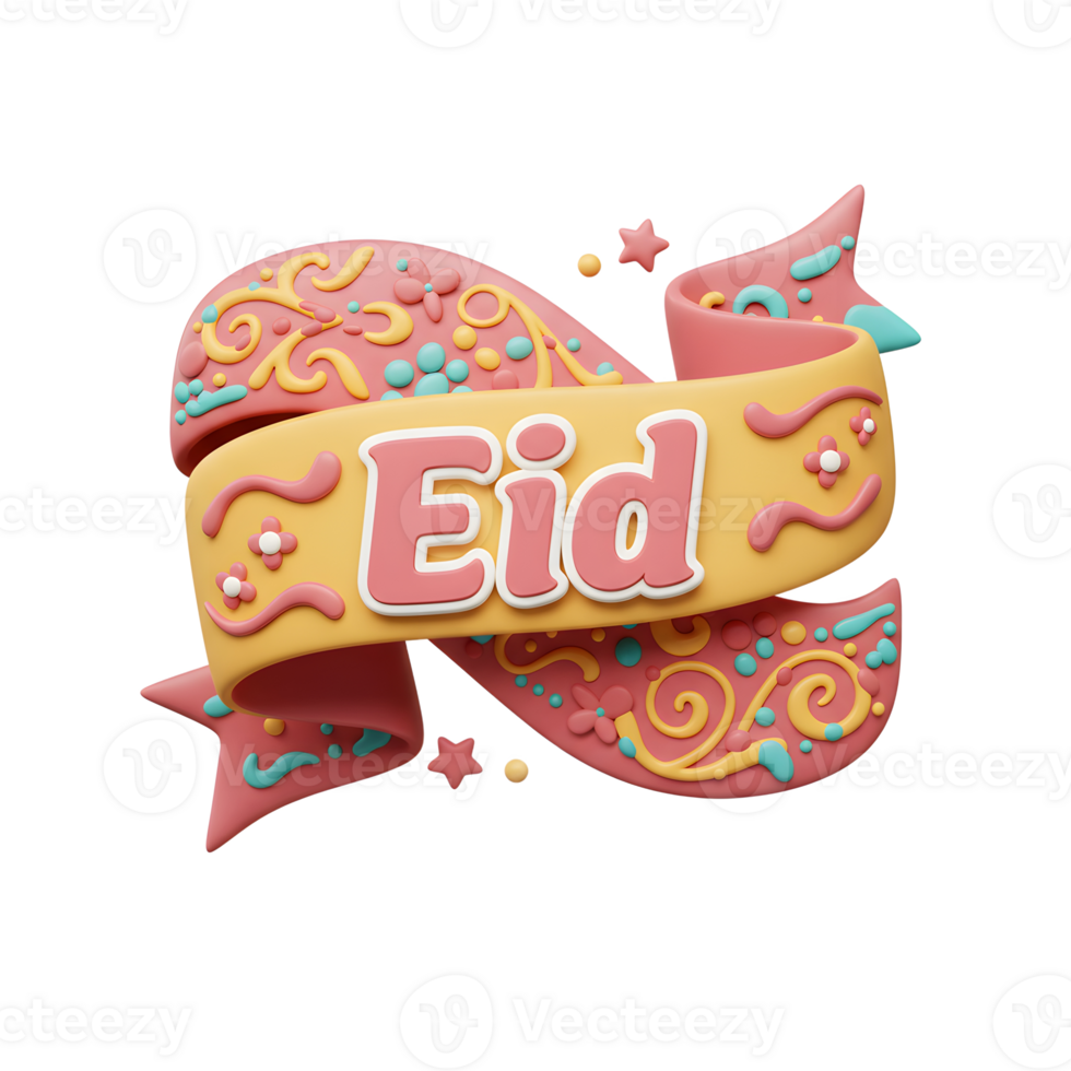 A cheerful Eid greeting A pastel ribbon swirls, adorned with charming details and the word 'Eid' in a friendly, 3D style. png