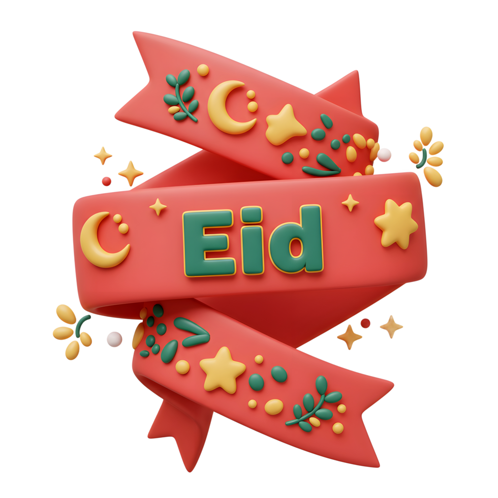 A cheerful Eid greeting Red ribbons playfully intertwine, adorned with stars, moons, and leaves. Warm, celebratory mood. png