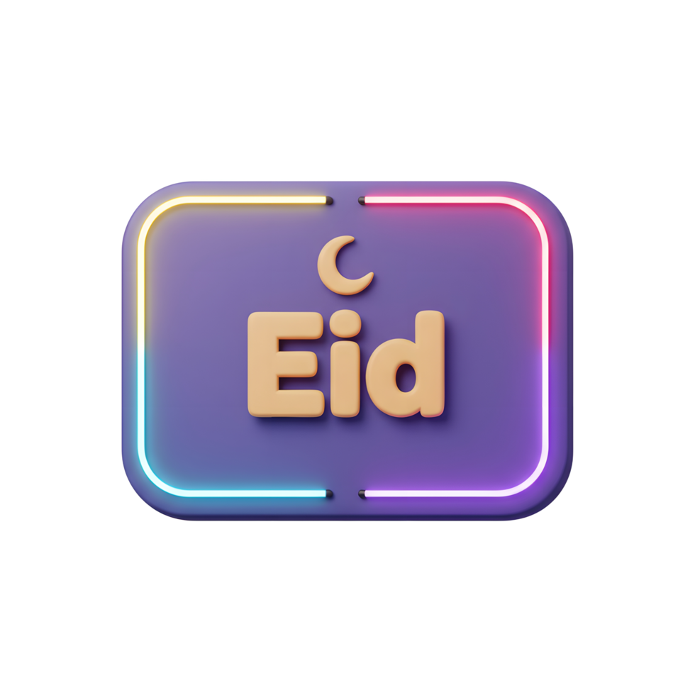 A vibrant purple sign glows with neon light, showcasing the word 'Eid' and a crescent moon. Warm, celebratory mood. png