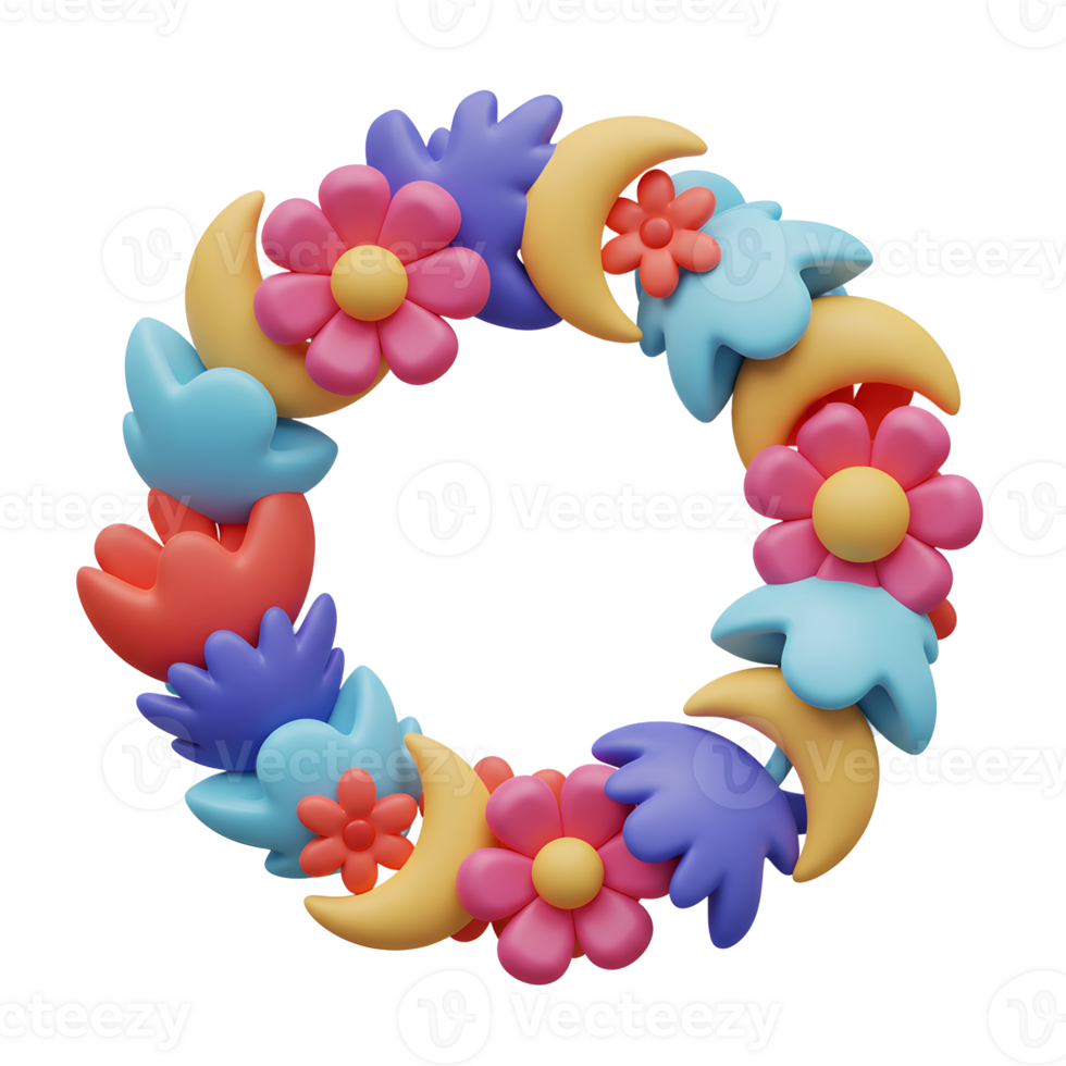 A vibrant circular wreath bursts with joy Colorful 3D flowers and crescent moons create a cheerful, whimsical design. png