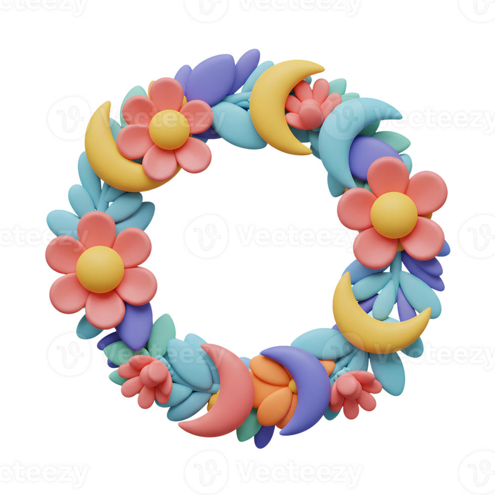 A charming wreath of pastel flowers and crescent moons, crafted in a delightful 3D style. Sweet, dreamy, and perfect for spring png