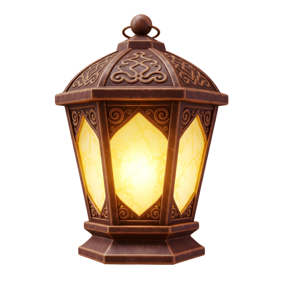 A captivating, ornate metal lantern glows warmly, its intricate design casting a magical ambiance. The warm light shines through the frosted glass panels, creating a serene and inviting mood. png