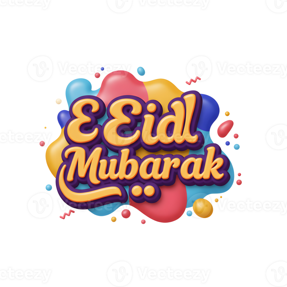 Joyful Eid Mubarak greeting Vibrant 3D lettering pops against a fun, abstract background of colorful shapes. Festive and celebratory png
