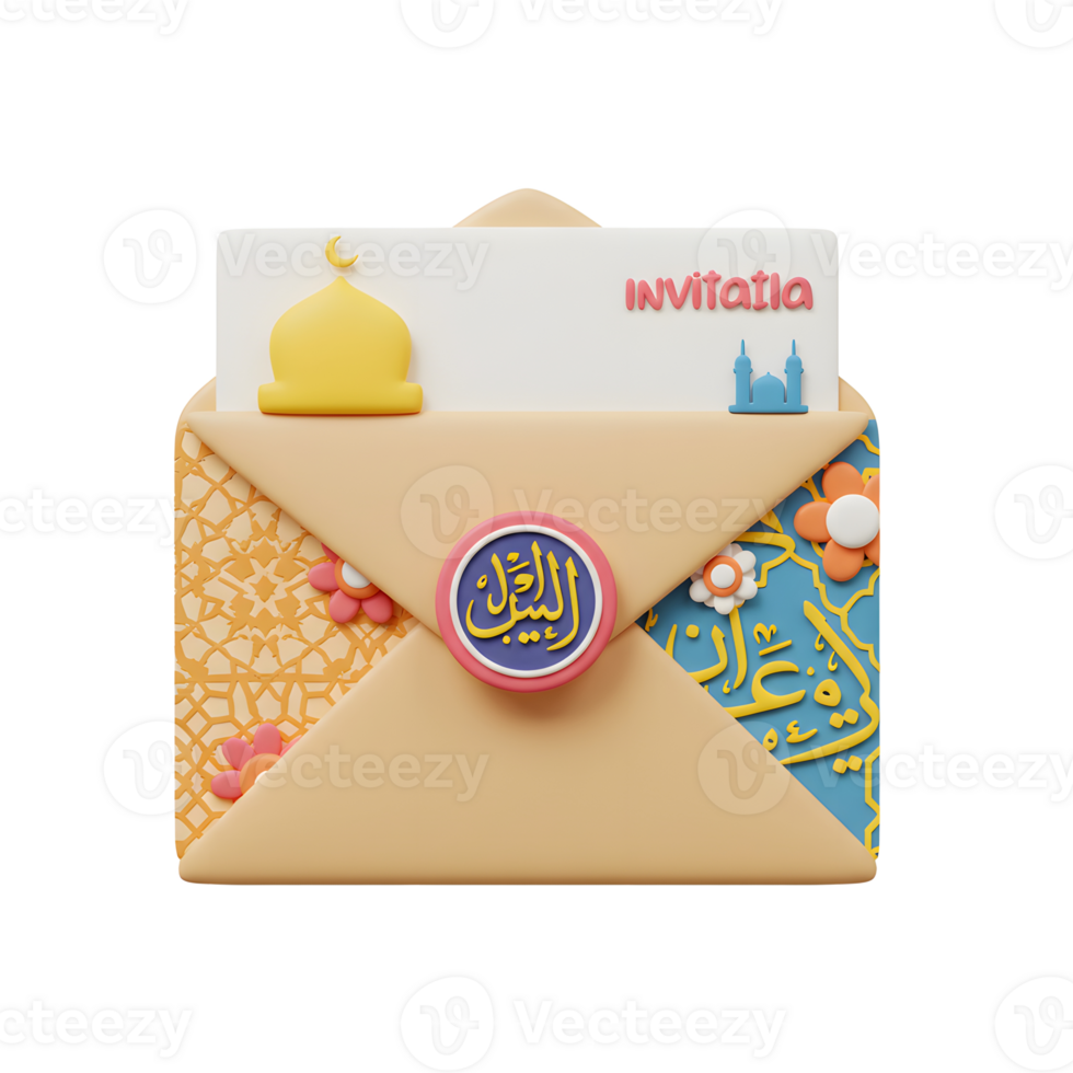 A charming 3D rendered envelope, adorned with Islamic calligraphy, floral patterns, and a mosque, holds a festive Eid invitation. The cheerful design evokes a warm and celebratory mood. png