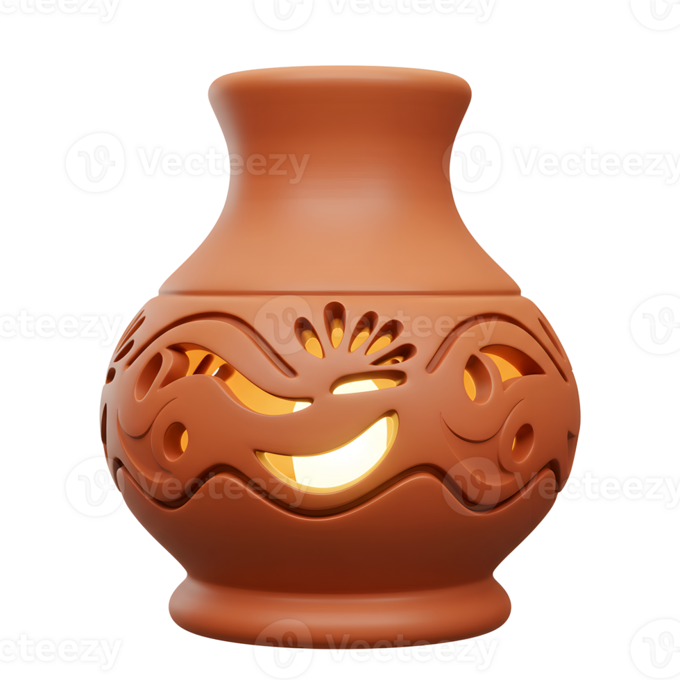 A charming terracotta lamp illuminates with a warm glow, its ornate cutouts casting delicate shadows. Rustic elegance in a handcrafted design. png