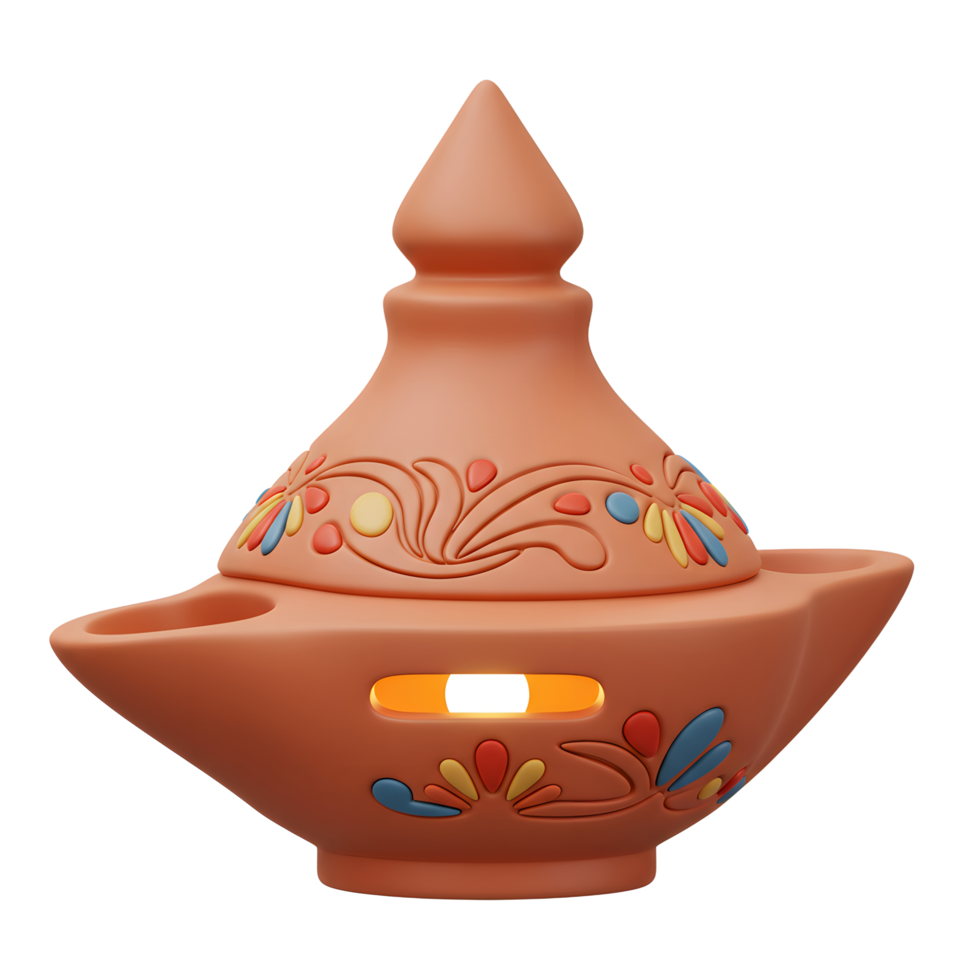 A charming terracotta oil lamp, adorned with vibrant hand-painted floral motifs, glows softly. Its warm light and intricate details create a cozy, inviting atmosphere. png