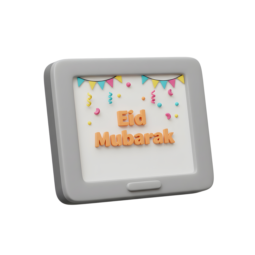 A charming tablet displays a joyful Eid Mubarak message, adorned with colorful confetti and festive flags, creating a celebratory and cheerful mood. png