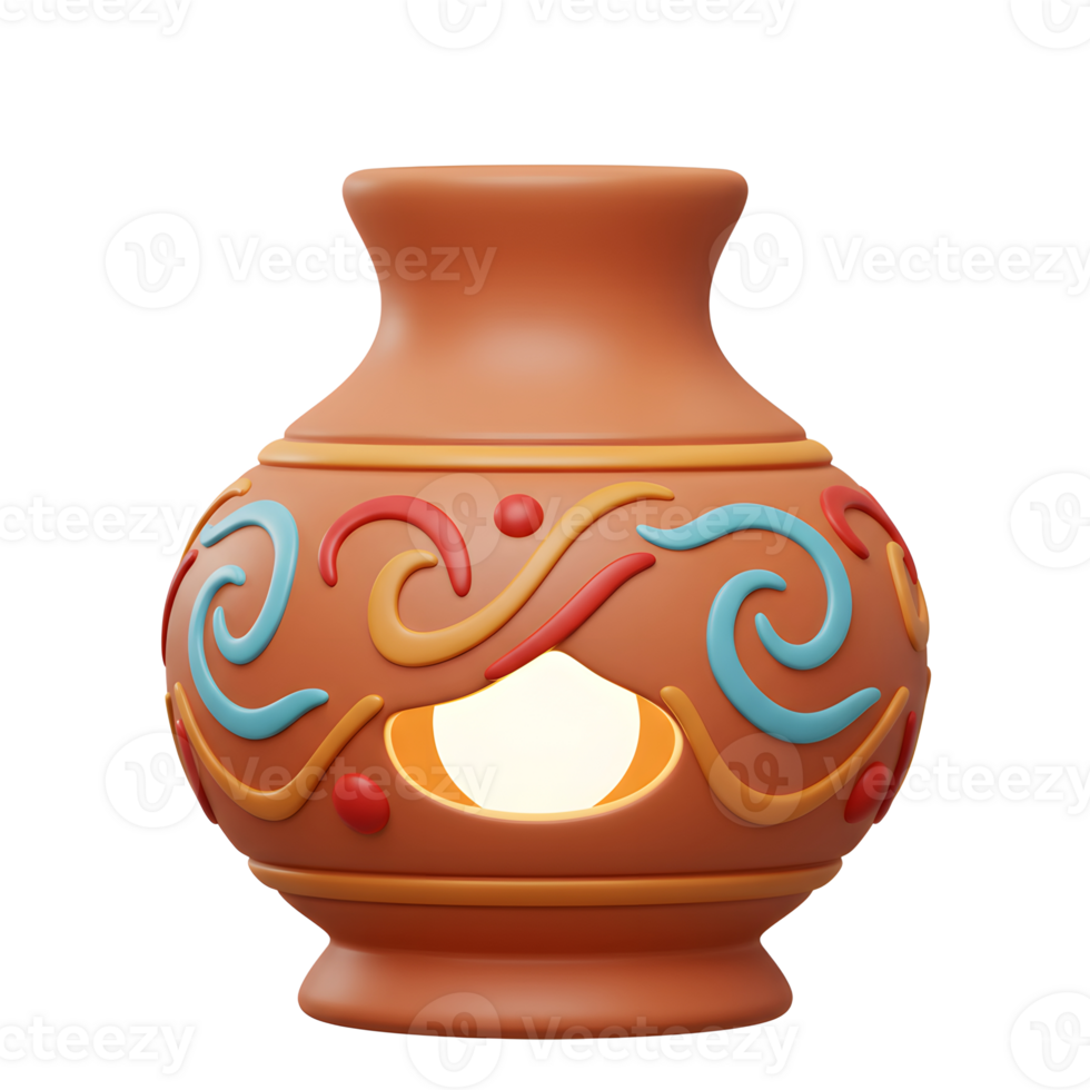 A charming terracotta lamp, adorned with vibrant swirling patterns, glows softly. Its whimsical design and warm light create a cozy, inviting atmosphere. png