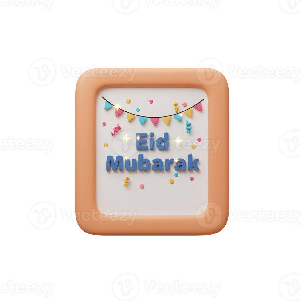 A charming 3D-rendered image A peach frame displays 'Eid Mubarak' amidst colorful confetti and bunting, creating a joyful, celebratory mood. png
