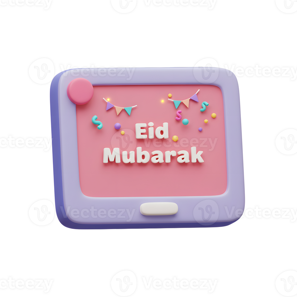 A cheerful 3D-rendered tablet displays a vibrant 'Eid Mubarak' message, adorned with pastel bunting and confetti. Joyful and celebratory png