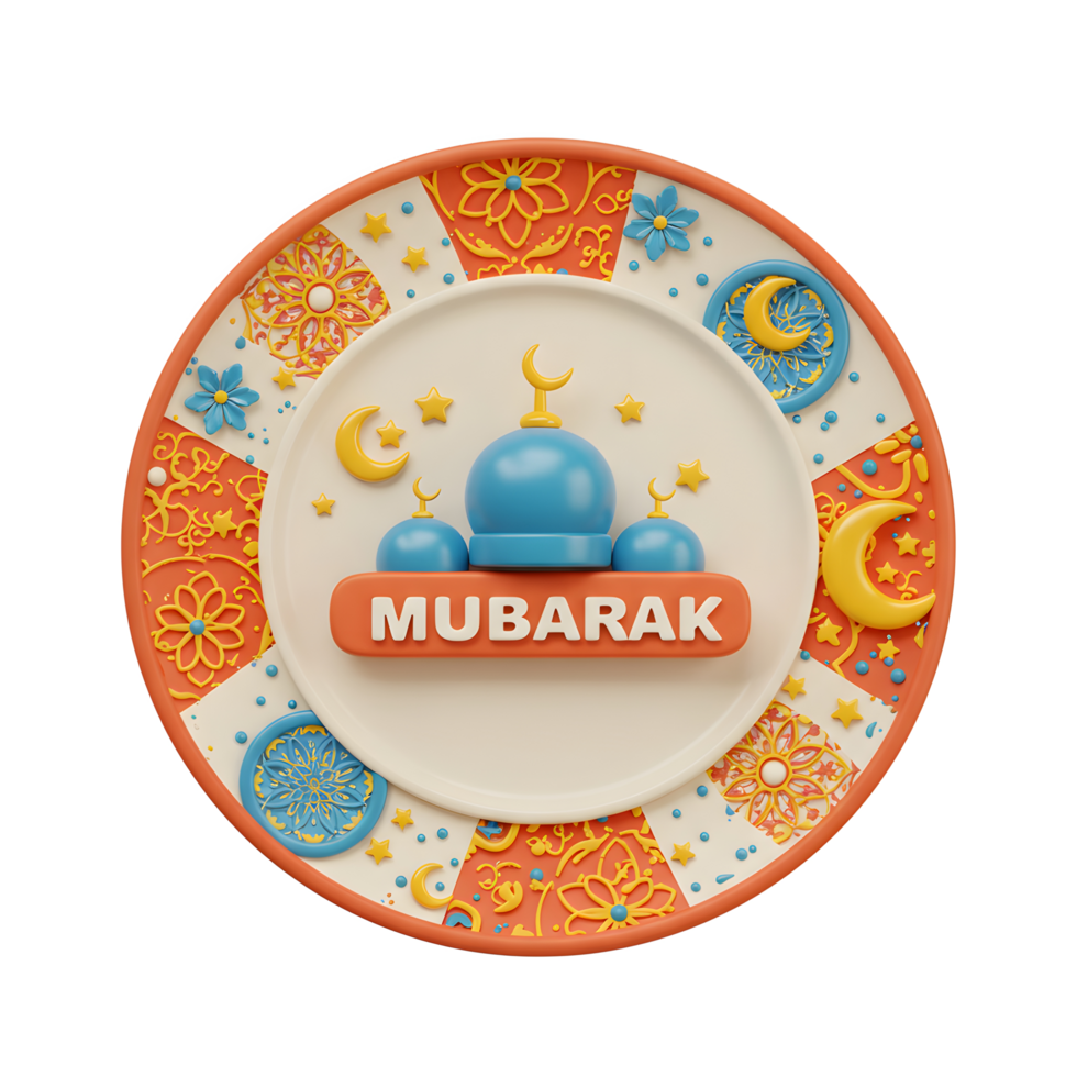 A cheerful 3D rendered plate displays a mosque, stars, and moons. Warm colors and intricate patterns create a celebratory Eid Mubarak design. png