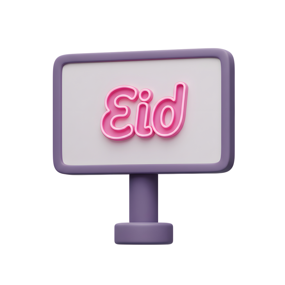A charming 3D rendering of a small sign displaying Eid in a cheerful pink. Perfect for festive greetings png