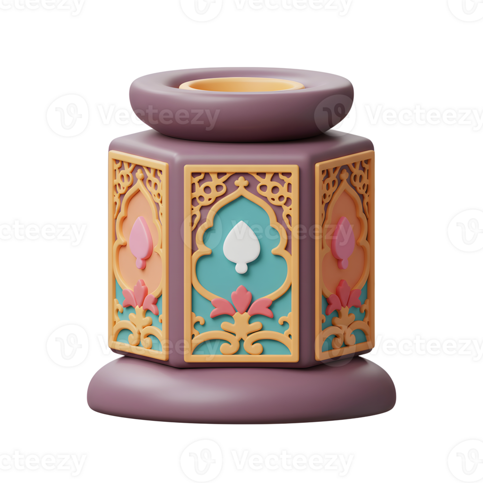 A charming hexagonal container boasts a captivating pastel palette and intricate Islamic-inspired patterns. The detailed design and soft colors create a serene and elegant mood. png