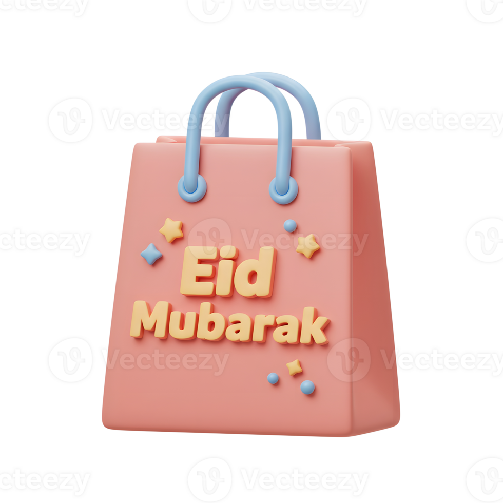 A charming pink shopping bag, adorned with the festive message 'Eid Mubarak' in cheerful yellow lettering, and playful pastel embellishments. It evokes a joyful and celebratory mood. png
