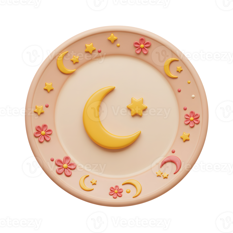 A charming, peach-colored plate features a whimsical 3D design of a crescent moon and star, surrounded by tiny flowers and stars. Sweet and dreamy png