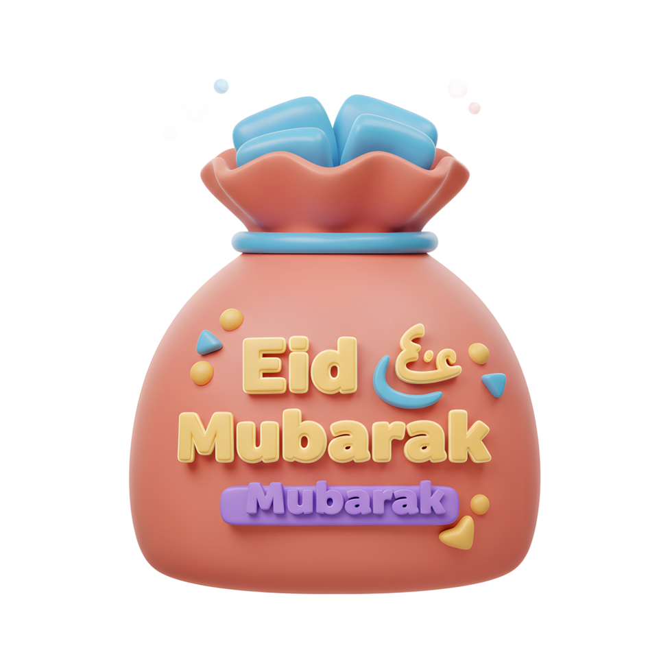 A cheerful 3D-rendered gift bag overflows with treats, proclaiming Eid Mubarak in playful lettering. Pastel colors and a joyful mood set a festive tone. png