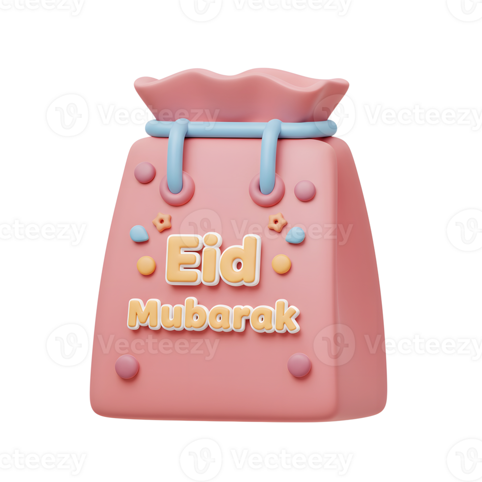 A charming pink gift bag, adorned with cheerful 3D lettering and festive details, warmly wishes you a blessed Eid Mubarak. png