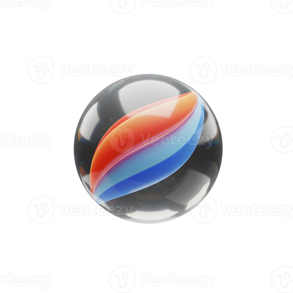 A captivating glass marble showcases a vibrant swirl of blue, orange, and red. Its smooth, glossy surface reflects light beautifully, creating a mesmerizing effect. png