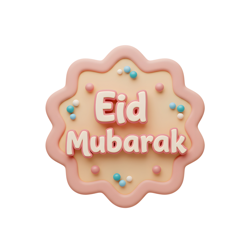 A cheerful, pastel-colored 3D rendering of an Eid Mubarak greeting on a cookie-shaped sign, decorated with sprinkles. Perfect for celebrations png