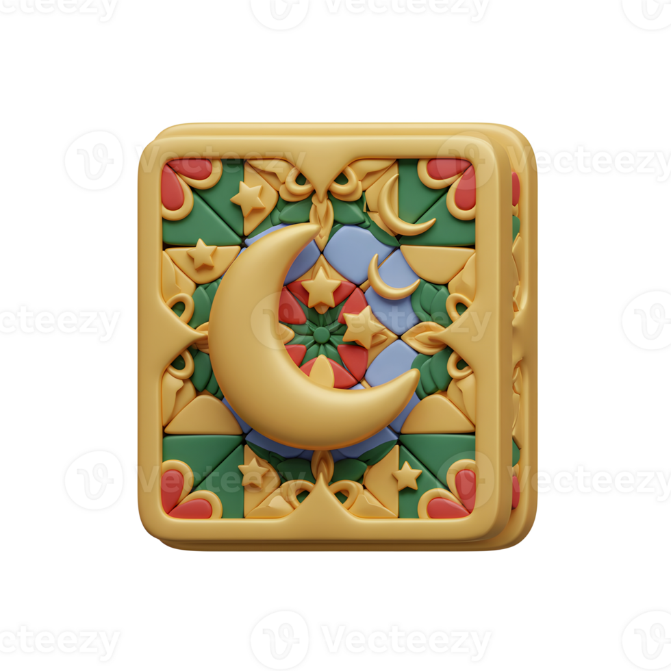 A charming golden crescent moon gleams against a vibrant background of colorful tiles. Stars and intricate details add a touch of magic to this whimsical scene. png