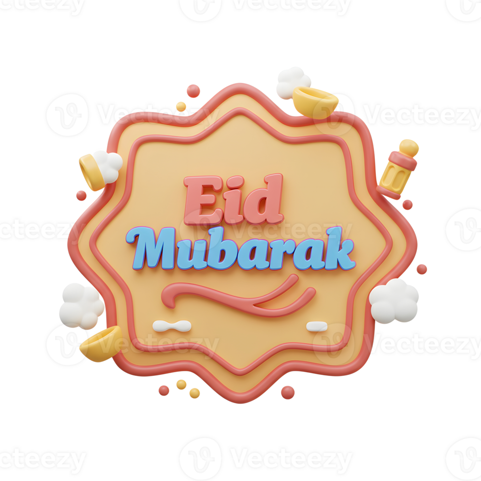 Whimsical 3D lettering announces Eid Mubarak within a pastel-colored, organic frame. Small, charming icons add a festive touch, creating a joyful and lighthearted mood. png