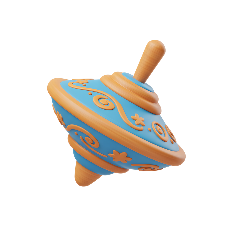 A delightful, hand-painted spinning top in cheerful blue and orange. Its swirling patterns and wooden handle create a playful, nostalgic feel. png