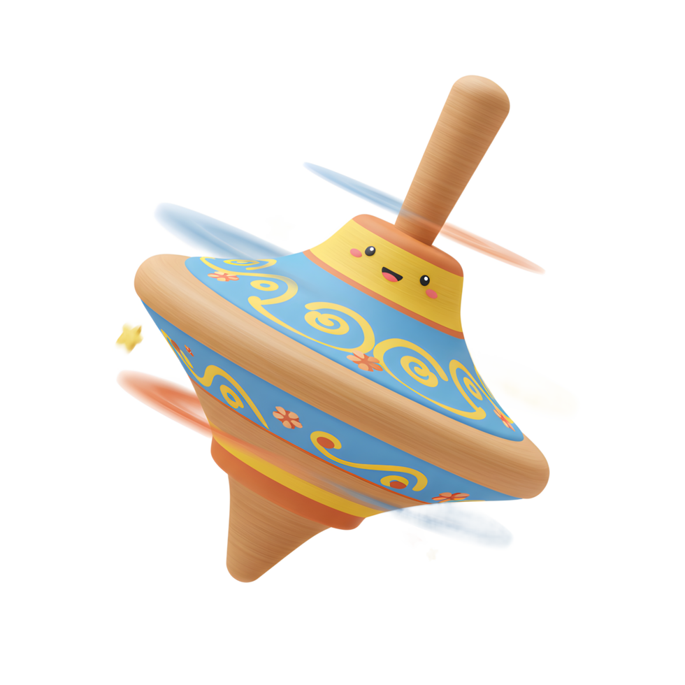 A cheerful wooden top spins, its blue and yellow design a vibrant blur against a white background. Sparkling stars trail its playful journey, creating a joyful, whimsical scene. png