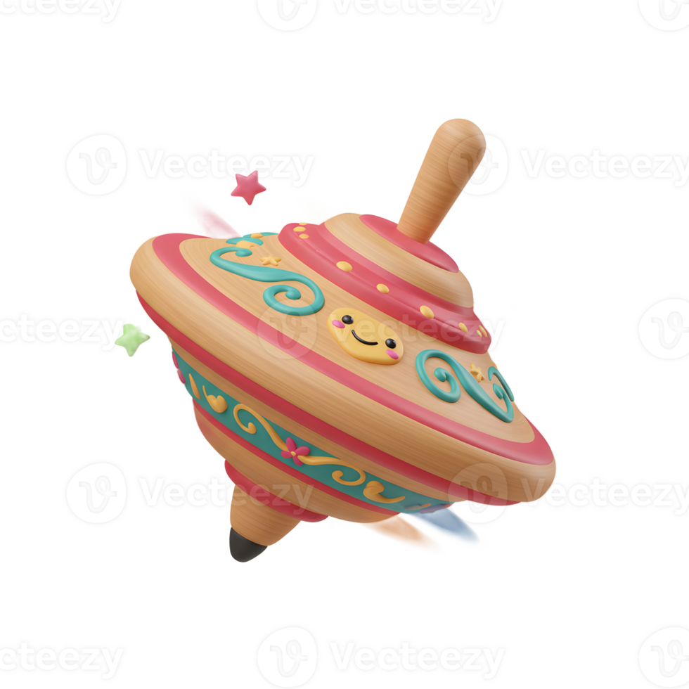 A charming wooden spinning top twirls, showcasing vibrant colors and playful designs. Its cheerful face and swirling motion create a joyful, whimsical scene. png